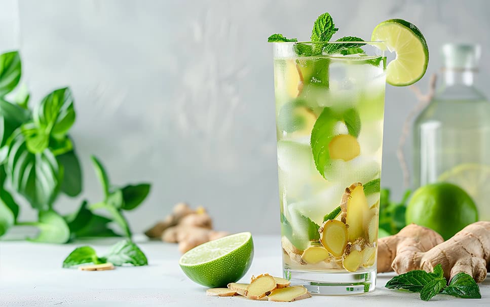 bicchiere d'acqua detox con zenzero e lime